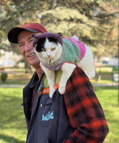12 yıl önce sahiplenip birlikte 65 şehir gezdiği kedisi omzundan inmiyor