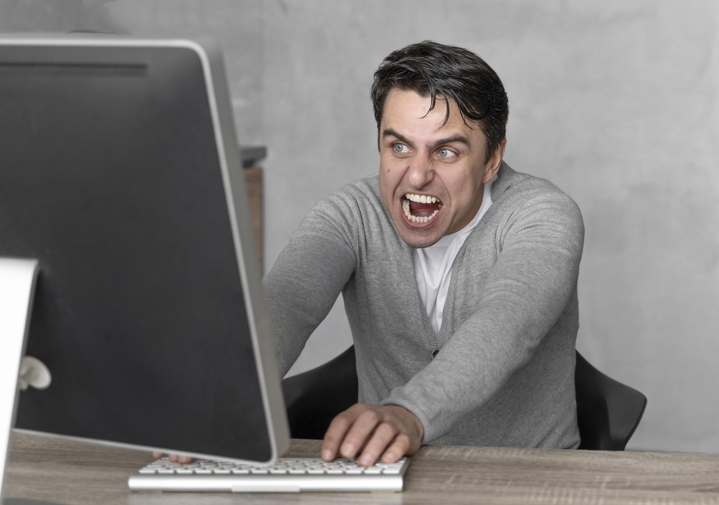 Front View Frustrated Man Working Media Field With Computer