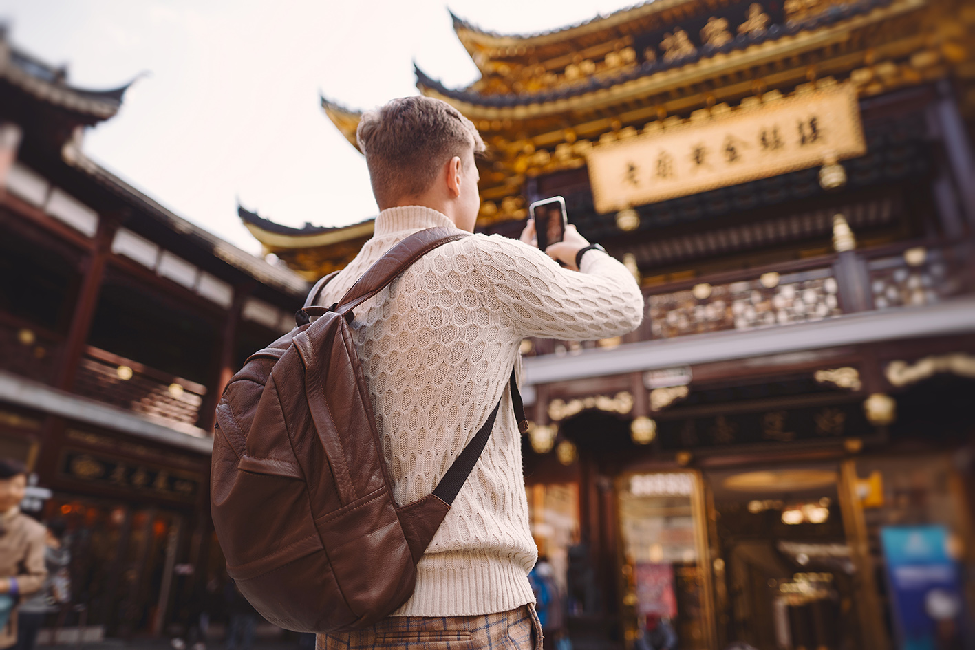 Male Tourist Taking Photos Pagoda Yuyuan Market Shanghai-1