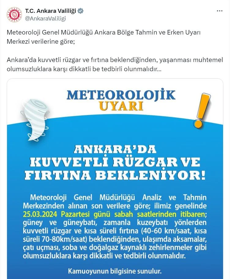 Meteoroloji'den Fırtına Uyarısı! Ankara ve İstanbul Valilikleri Açıklama Yaptı