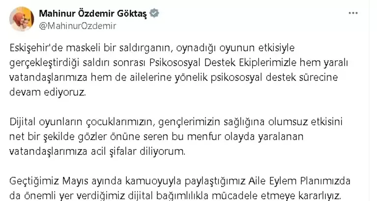 Bakan Mahinur Göktaş: Eskişehir'deki Saldırı Sonrası Psikososyal Destek Sürecine Devam Ediyoruz