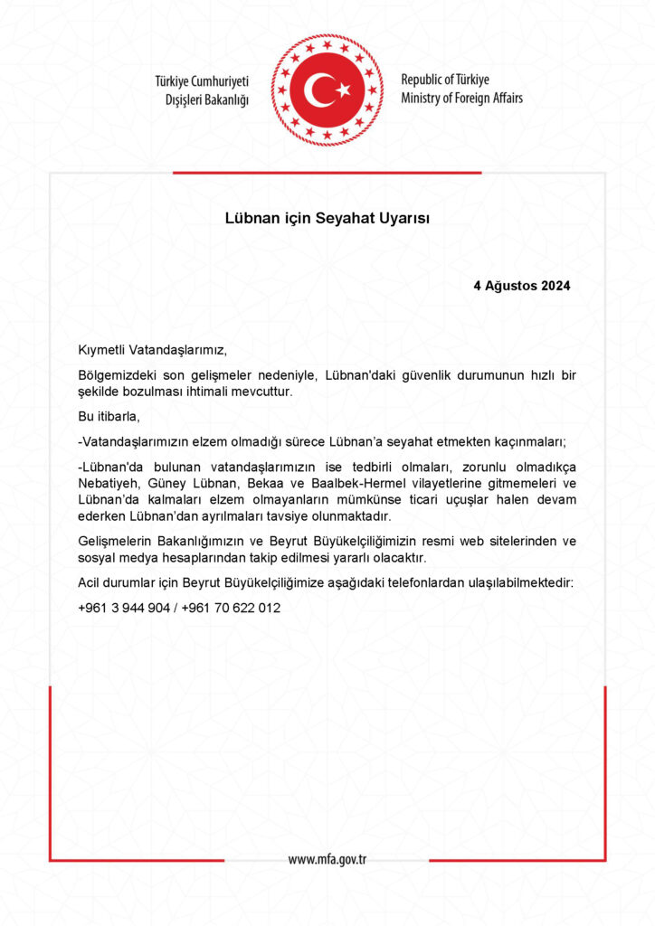 Lübnan İçin Tehlike Sinyali: Dışişleri Bakanlığı Uyardı!